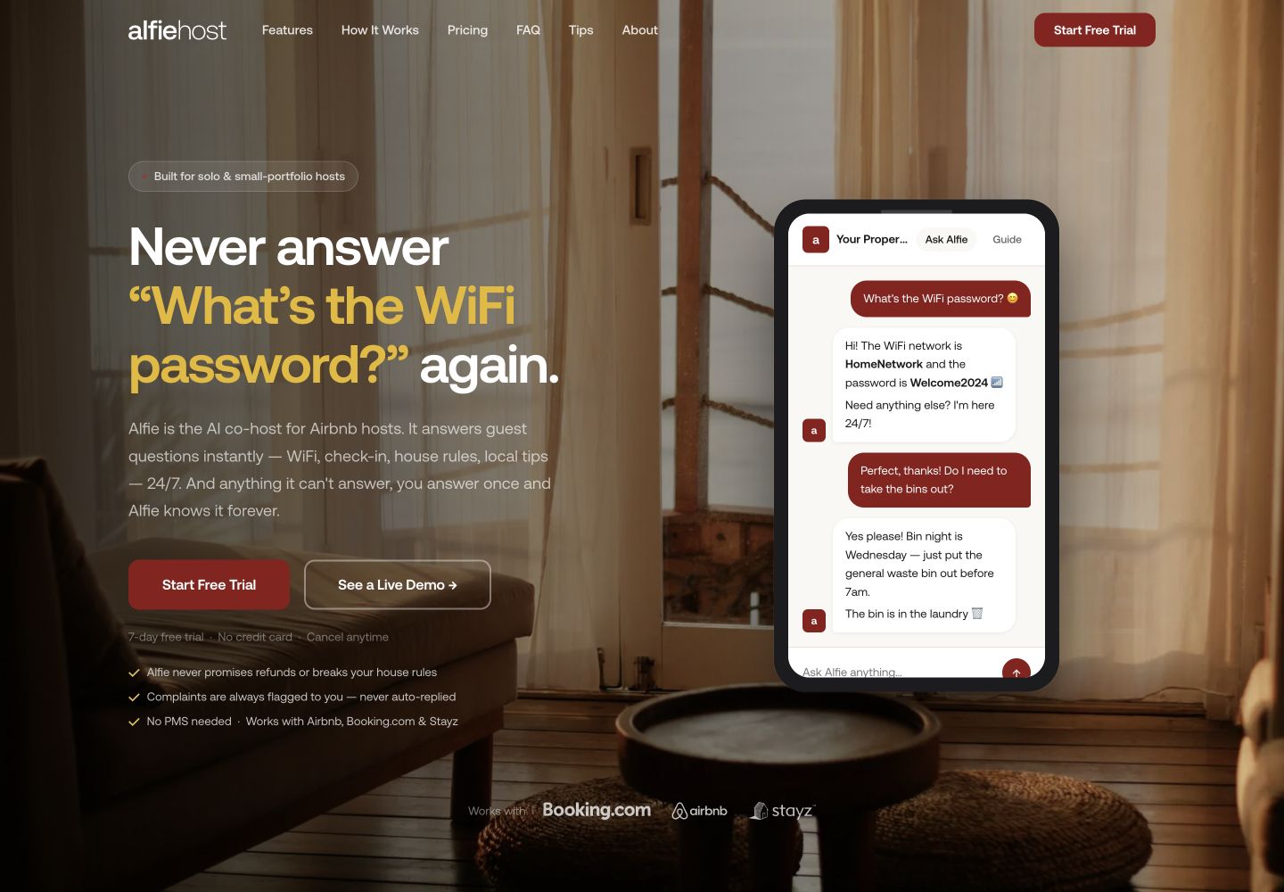 Alfie Host website with warm hospitality imagery, burgundy and gold branding, and a guest chat preview