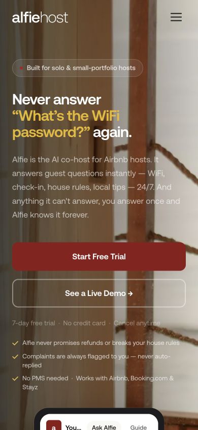 Alfie Host mobile website with its headline and prominent trial and demo buttons