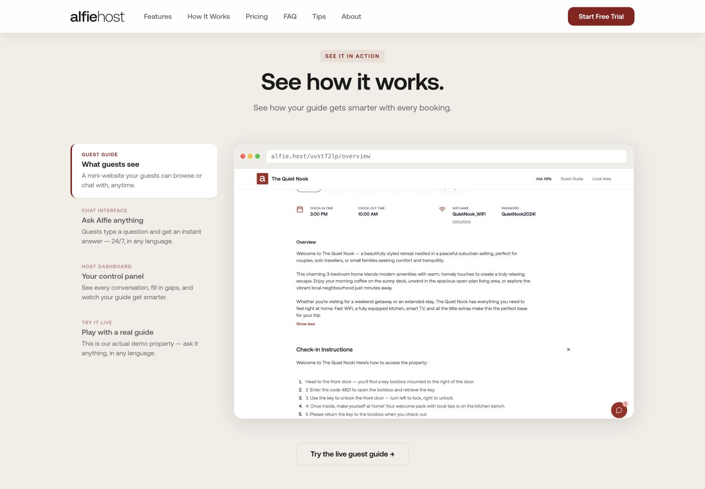 Alfie Host website product presentation showing the guest guide alongside explanatory tabs