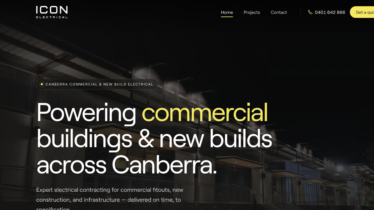 Icon Electrical redesigned homepage with its logo, commercial electrical positioning and yellow enquiry buttons