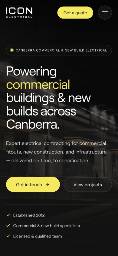 Icon Electrical mobile homepage with logo, service headline and enquiry buttons