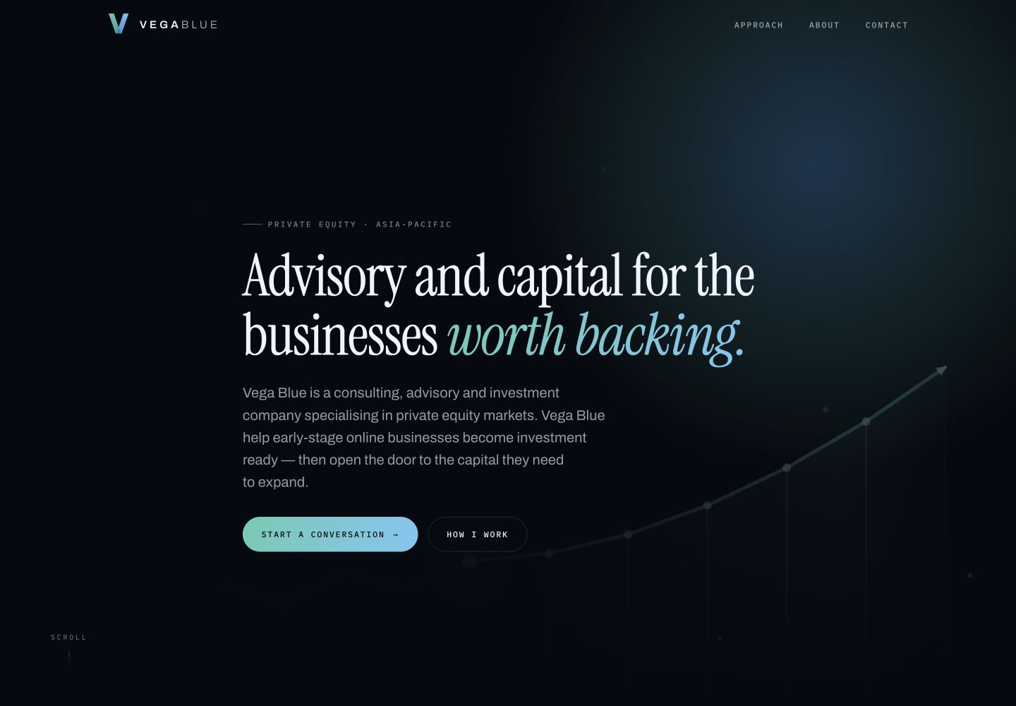 Vega Blue landing page with dark navy branding, serif headline and teal-to-blue accents