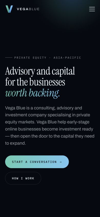 Vega Blue mobile landing page with its headline, brand colours and enquiry button